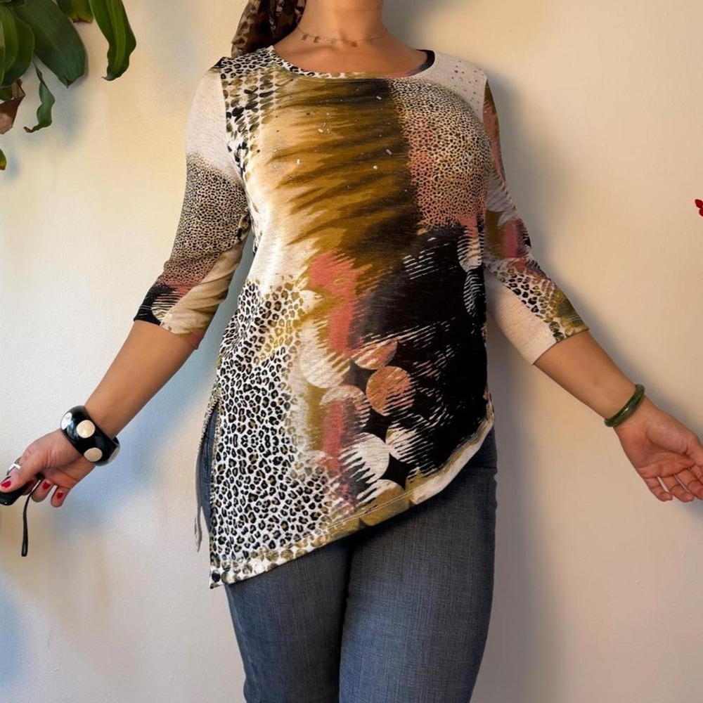Onque Casual Asymmetrical Sequin Beaded Leopard Blouse Petite Large Y2K Fairy